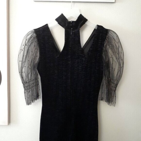 NWOT TFNC black & gold tulle sleeve choker velvet mini dress - Picture 11 of 13
